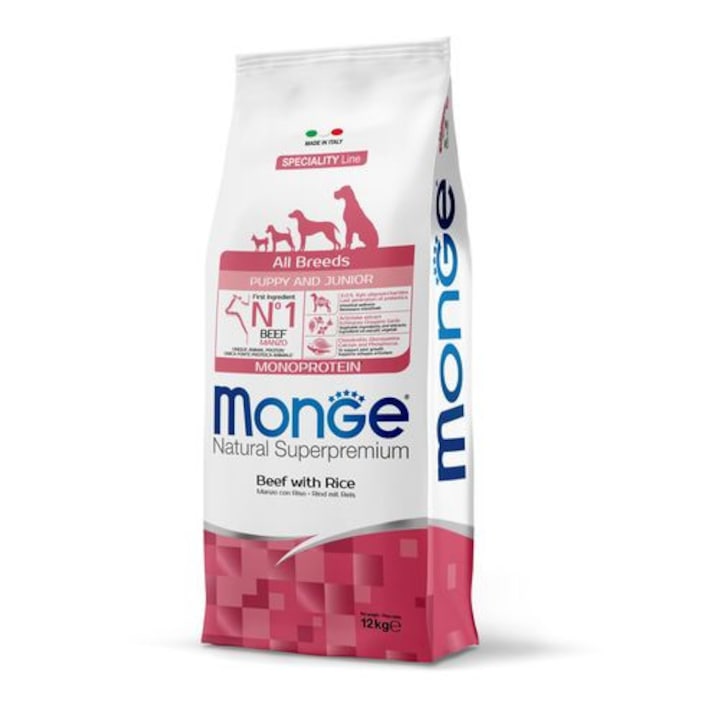 Hrana pentru caini juniori, Monge, Natural Superpremium All Breeds Puppy, monoprotein vita, 12kg