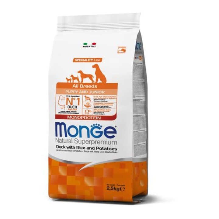 Hrana pentru caini, Monge, Superpremium All Breeds Puppy, monoprotein rata, 2,5kg