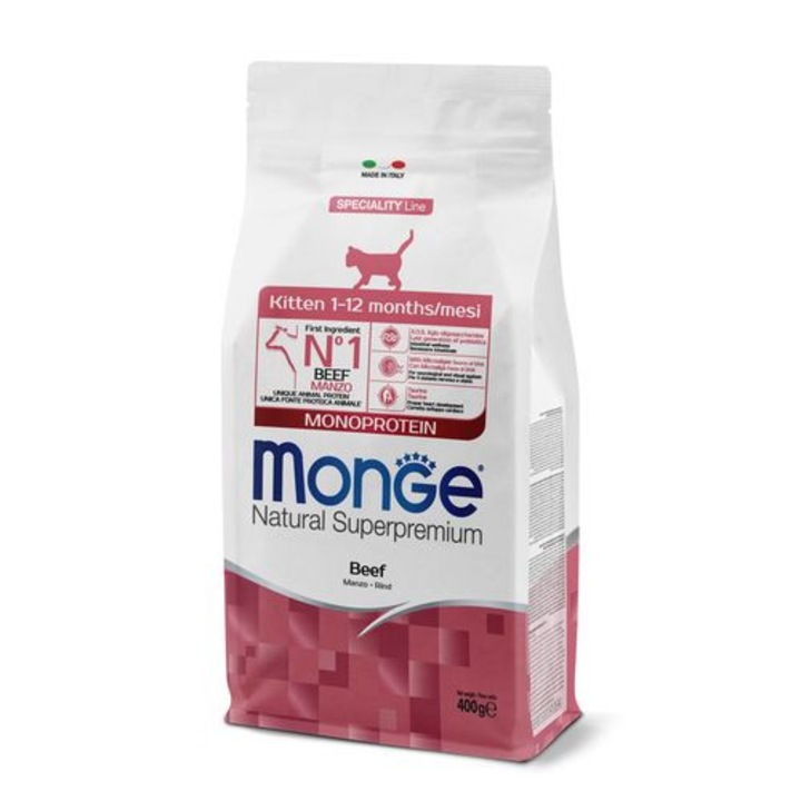 Hrana uscata pentru pisici junior, Monge, Superpremium Kitten, monoprotein, vita, 400g