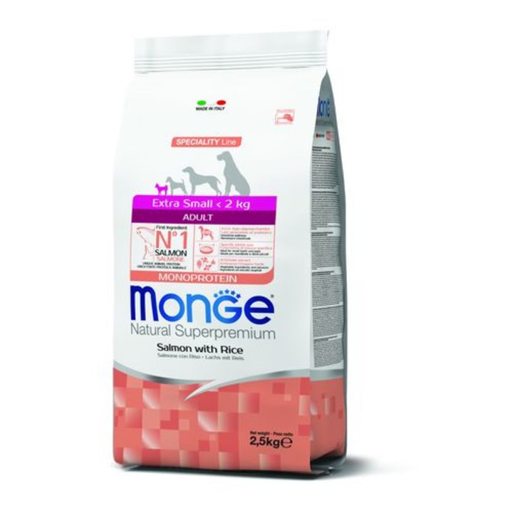 Hrana pentru caini adulti, talie mica, Monge Natural Superpremium, monoprotein somon/orez, 2,5kg