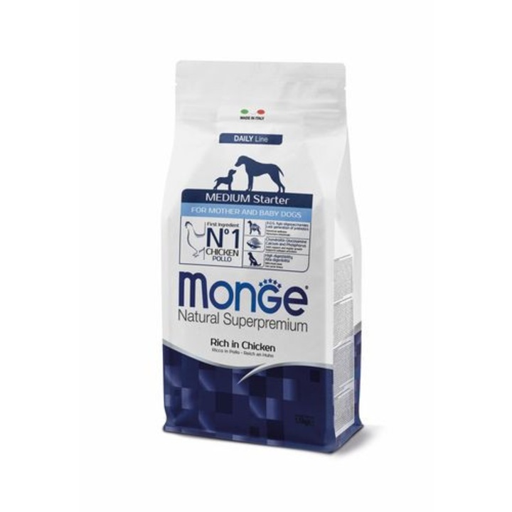 Hrana pentru caini Monge Natural Superpremium Medium Starter, cu pui, 1,5kg, pentru catei si catele gestante sau lactante