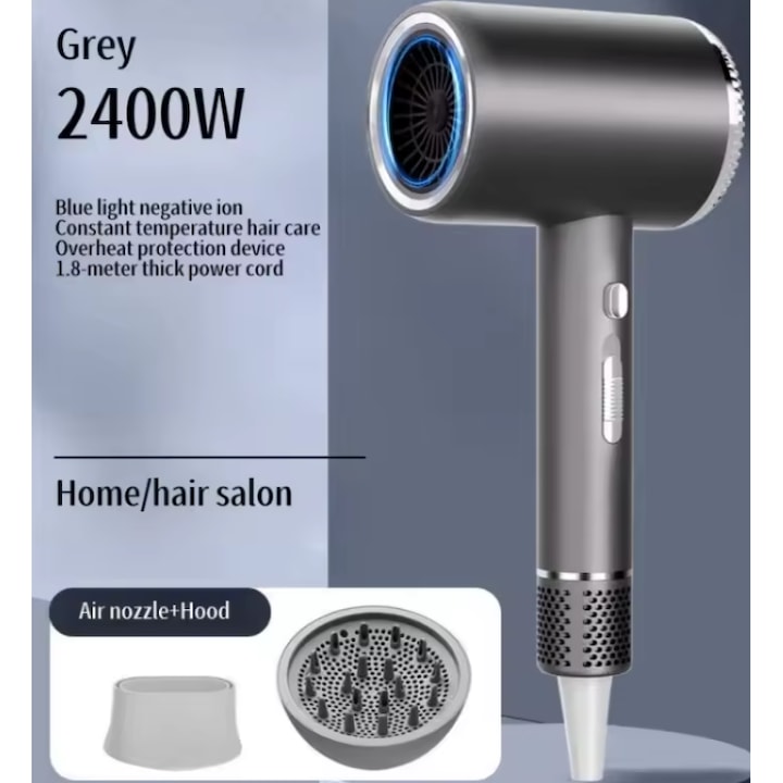 Uscator de par, stecher UE/UK, putere mare, uscare rapida ca la salon, ioni negativi, 3 viteze si 3 setari de temperatura, putere 2400 W, silentios- CULOARE GRI