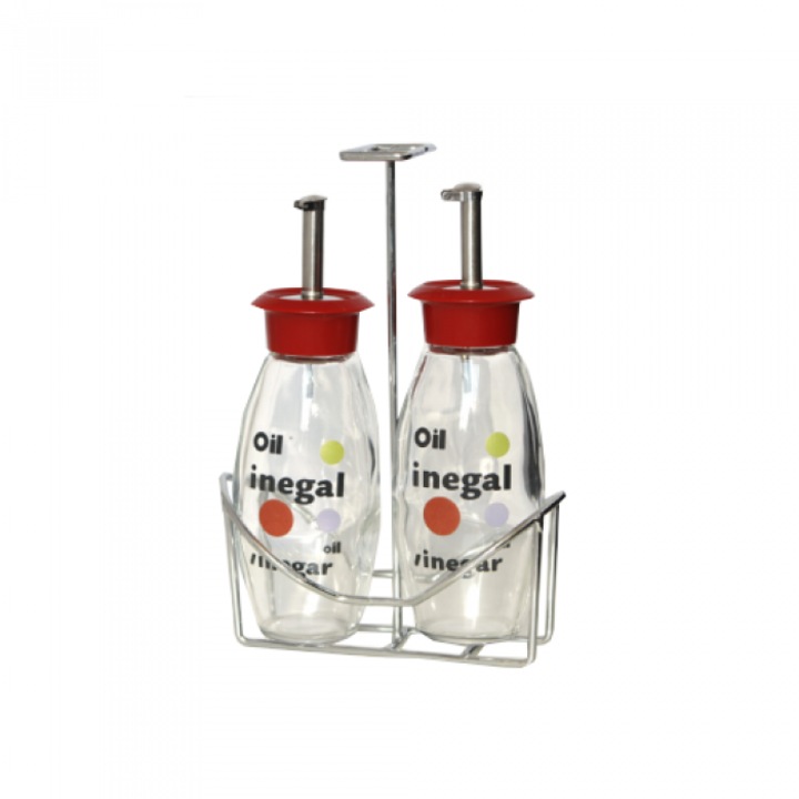 Oliviera RAKI cu 2 sticle rosii pentru ulei si otet si suport metalic