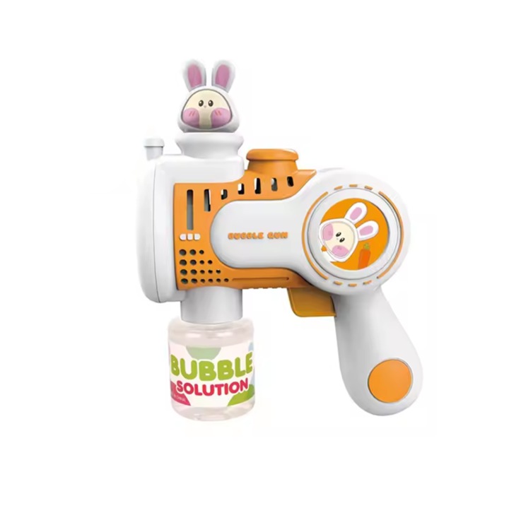 Jucarie Interactiva Pistol de facut baloane de sapun pentru petreceri si activitati in aer liber, Rabbit Bubble Gun, alimentare cu baterii, 1 sticluta XXL, pentru copii, milioane de baloane