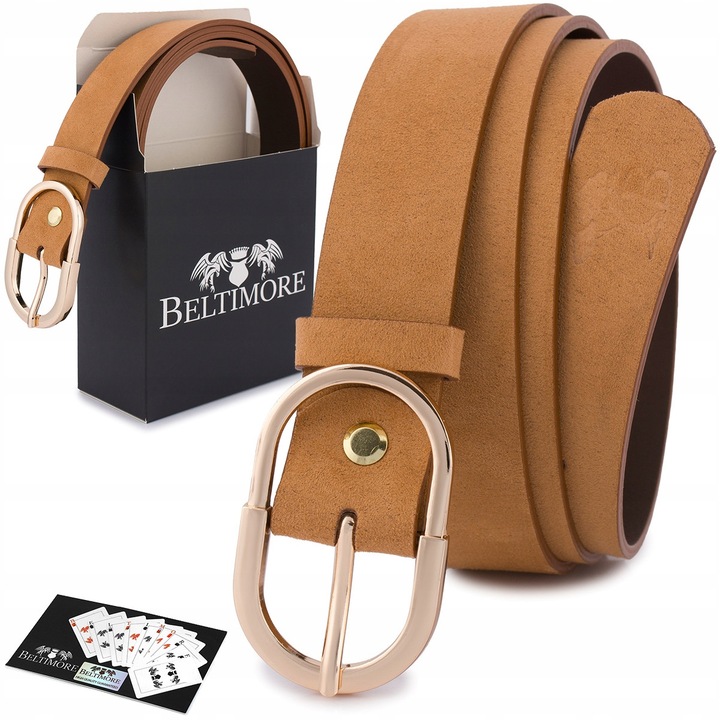 Női öv, tevezöld, természetes bőr, 3 cm, fém csattal, dobozzal együtt