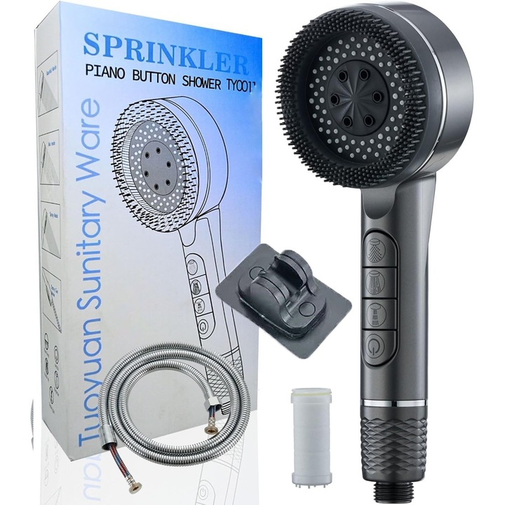 Set cap de dus cu furtun de 1,5 m, 10 filtre si suport, cap de dus de inalta presiune cu 4 viteze, cap de dus de schimb, gri