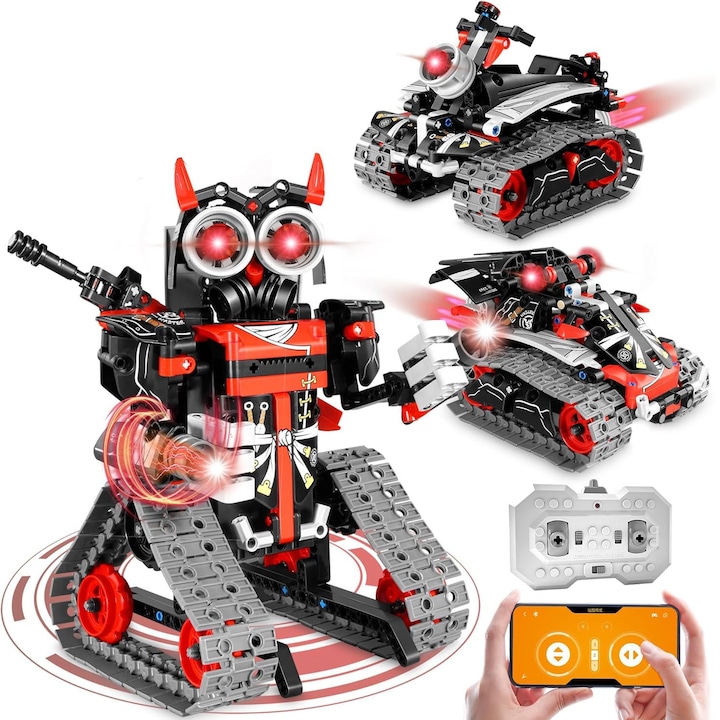 Robot de jucarie 3 in 1, programare robot, 419PCS, cu 2.4G telecomanda si aplicatie, Stimuleaza creativitatea si gandirea, Rosu/Negru