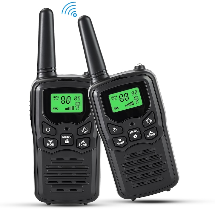Set 2x Statie Radio Portabila Emisie Receptie, Set 2 walkie talkies, 22 canale FRS, Ecran LCD iluminat, Raza De comunicare pana 8 Km, Jack 2.5mm, Lanterna, 10 Tonuri De Apel, 2 Frecvente Radio FCC ID, 2A5V6-TSA, VOX 3 Moduri, Nezru