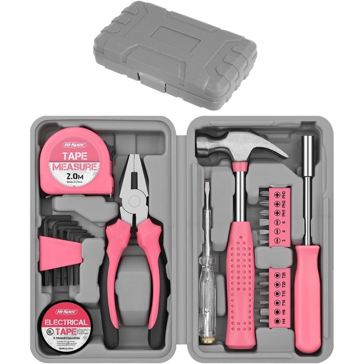 Set de unelte pentru acasa DIY (24 piese) - Cutie mica de unelte pentru incepatoare, unelte de baza pentru femei, roz
