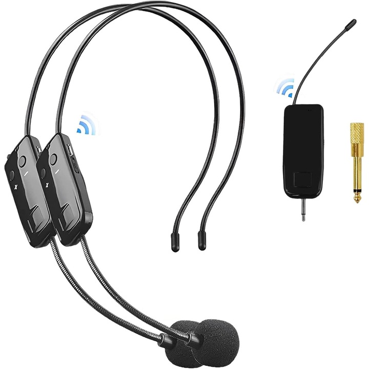 Set de 2 microfoane cu casca fara fir, microfon fara fir 2.4G, transmisie fara fir 30 m, tip C 3, 5 / 6, 5 mm, autonomie lunga a bateriei pana la 15 ore, negru, Stereo Bluetooth Condensator