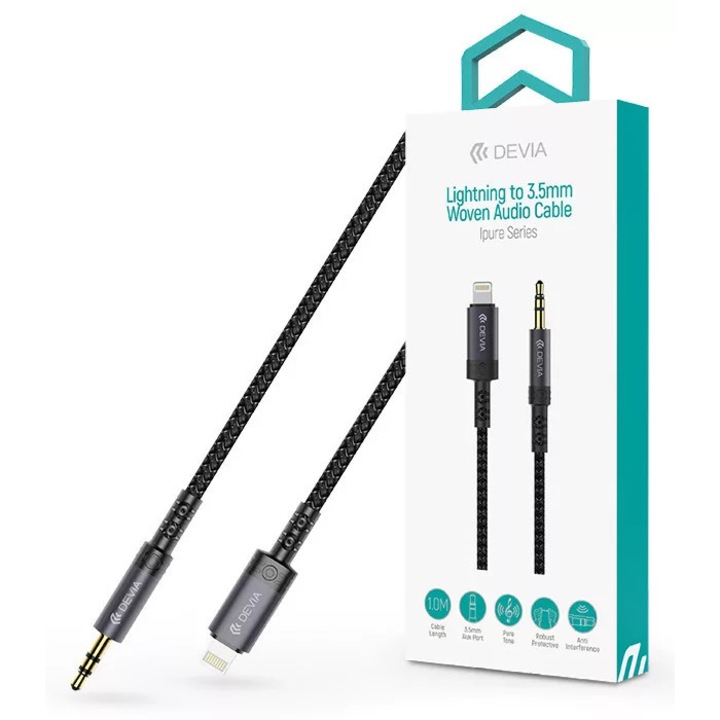 Devia iPure Series Woven AUX 3,5mm jack/Lightning audio kábel 1m - fekete