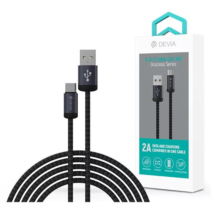 Devia Gracious Series 10W USB/Type-C adat-és töltőkábel 1m - fekete