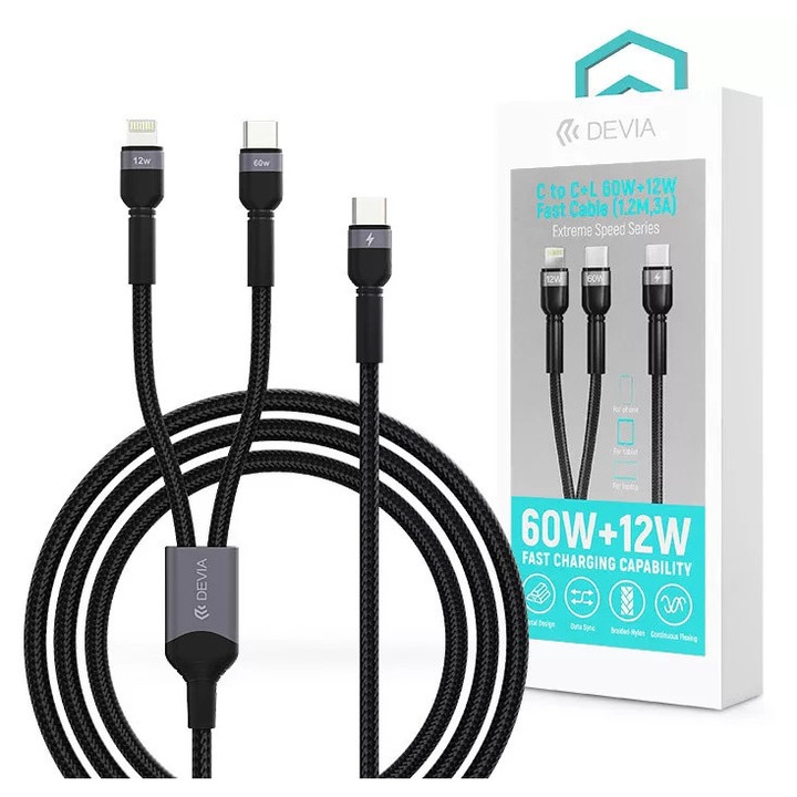 Devia Extreme Speed Series 60W+12W Type-C/Type-C + Lightning adat- és töltőkábel1.2m - fekete