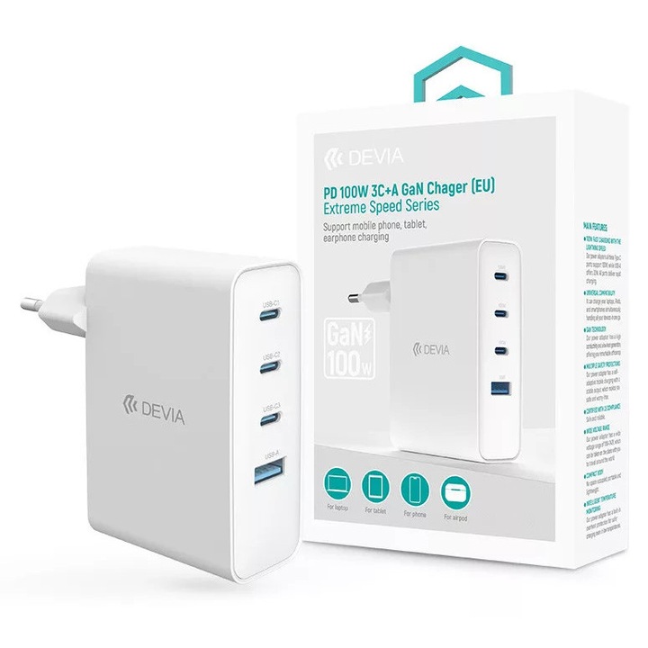 Devia Extreme Speed Series 100W GaN PD адаптер за бързо зареждане USB+3xType-C - бял