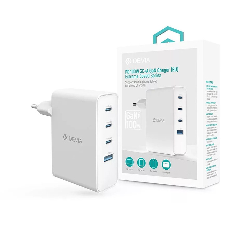 Devia Extreme Speed Series 100W GaN PD hálózati gyorstöltő adapter USB+3xType-C - fehér