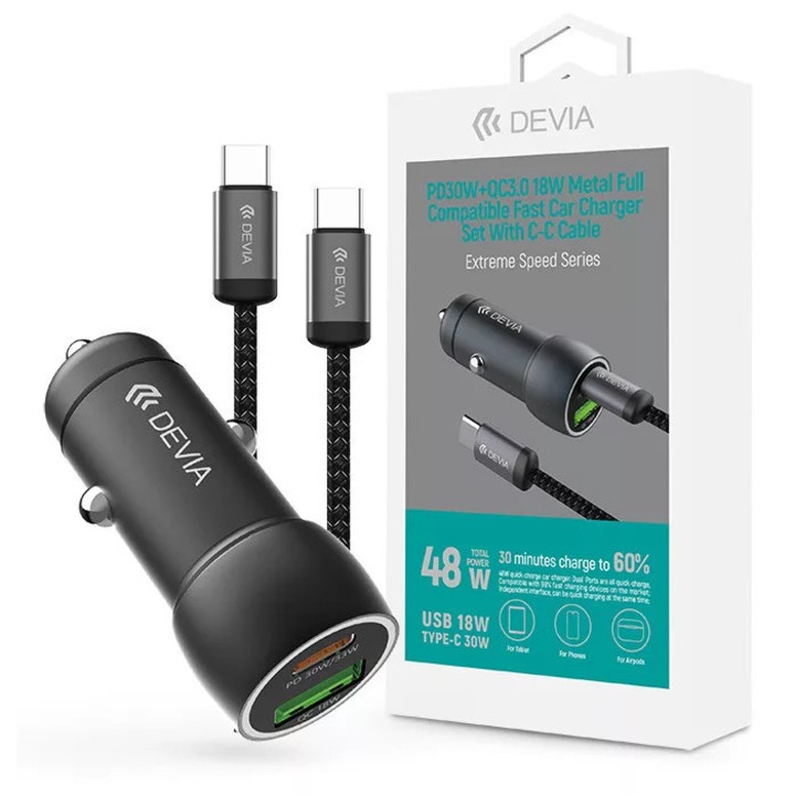 Devia Extreme Speed Series 30W PD+QC USB+Type-C адаптер за зарядно за кола+Type-C/Type-C кабел 1 м - черен