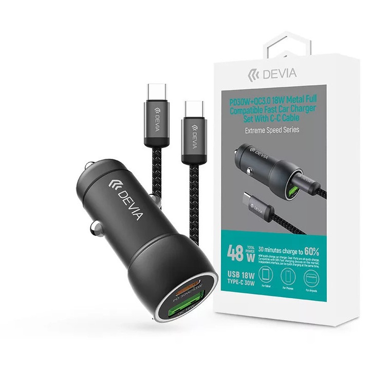Devia Extreme Speed Series 30W PD+QC USB+Type-C autós töltő adapter+Type-C/Type-C kábel 1m - fekete