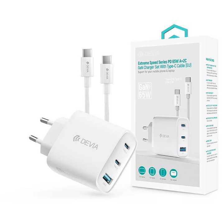 Devia Extreme Speed Series 65W GaN PD hálózati gyorstöltő adapter USB+2xType-C+Type-C kábel - fehér