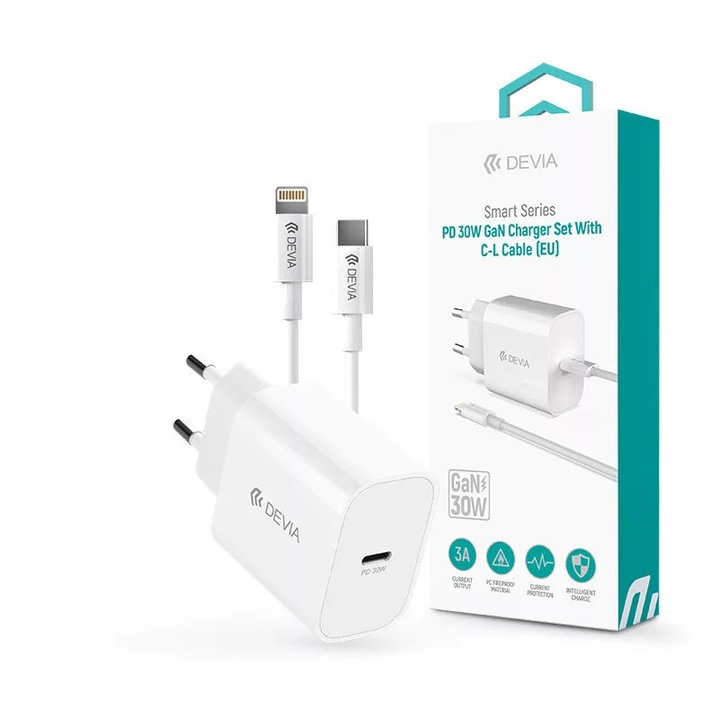 Devia Smart Series 30W GaN PD+QC hálózati gyorstöltő adapter + Type-C/Lightning kábel - fehér