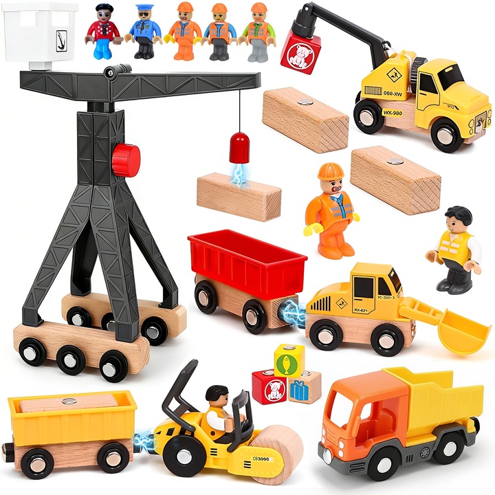 Set 19 Utilaje de Constructie de Jucarie, Lemn, BYONDSELF®, cu Vehicule de Constructii Magnetice – Tren, Excavator, Macara si Camioane pentru Copii 3 ani+, Cadou Baieti si Fete