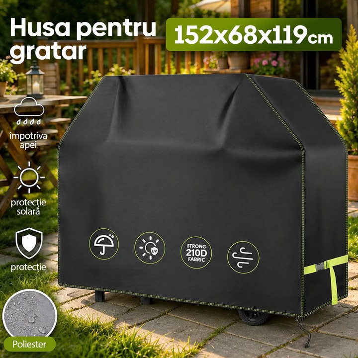 Husa pentru gratar, BYONDSELF®, 152x68x119cm, Poliester, Material Gros, cu Geanta, Benzi de Fixare, Impermeabil, Rezistenta UV, Protectie Solara, Negru