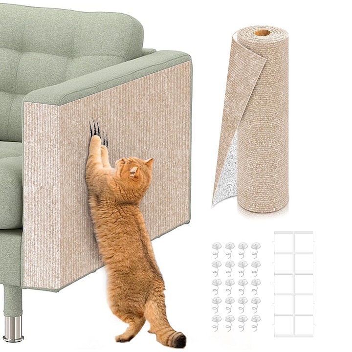 Covor de Zgariat pentru Pisici, Autoadeziva, BYONDSELF®, 40x200 cm, Protectie Mobilier, entru Obiecte din Lemn sau Material Textil, Pat, Canapea, Usa, Rezistenta la Apa, 20 Cuie, Kaki