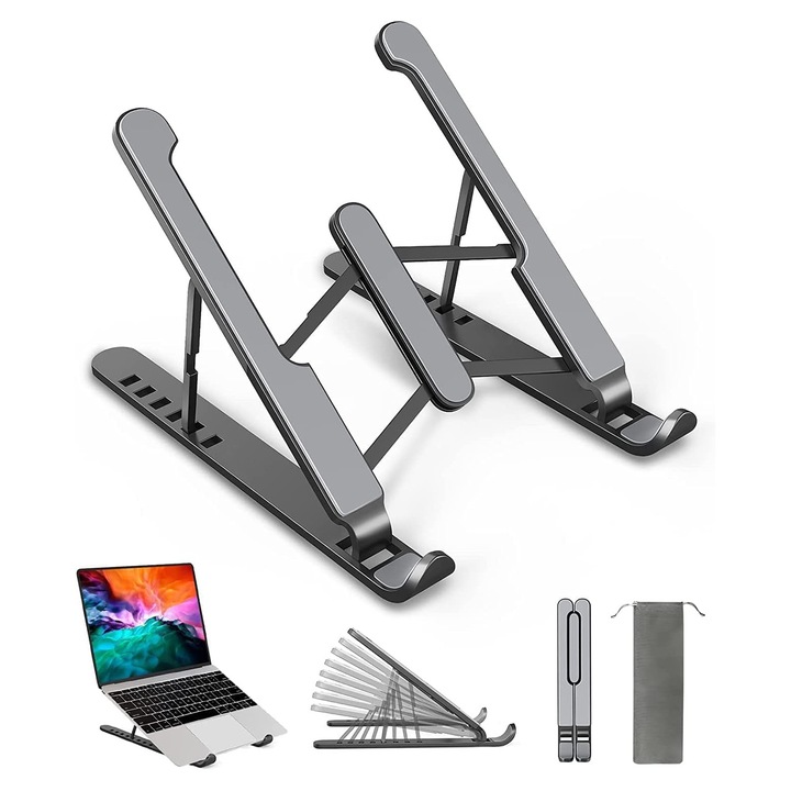 Suport Laptop, BYONDSELF®, Pliabil, Aluminiu, Pana la 17 inch, Ergonomic, Inaltime Reglabila 10-16cm, Sarcina Statica 4 kg, Negru