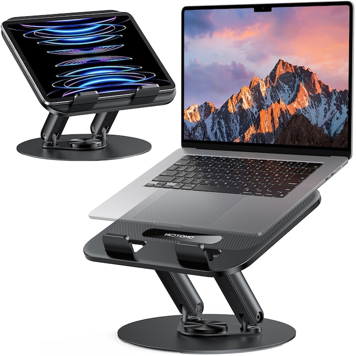 Suport Laptop, BYONDSELF®, Aluminiu, Sarcina Statica 4 kg, 11-17" inch, Rotatie 360°, Reglabil pe Inaltime, Pliabil, Negru