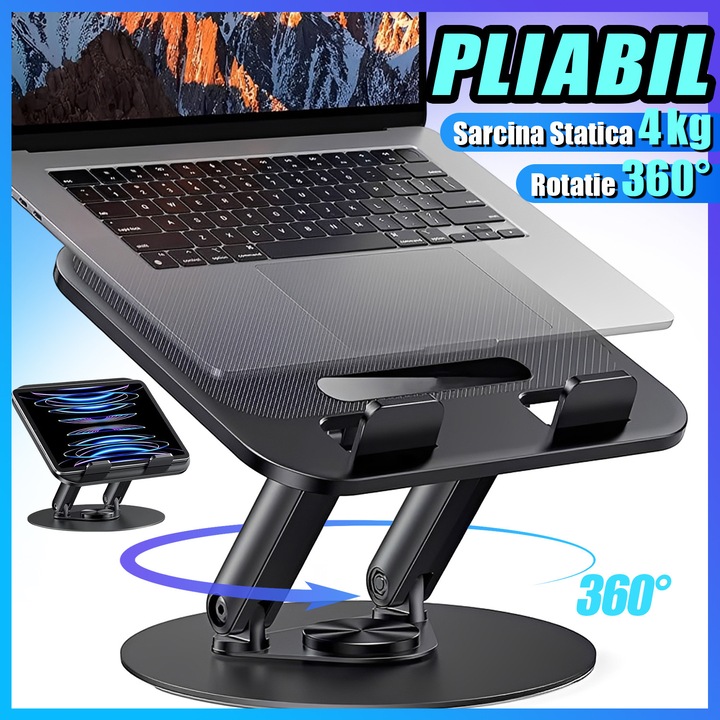 Suport Laptop, BYONDSELF®, Aluminiu, Sarcina Statica 4 kg, 11-17" inch, Rotatie 360°, Reglabil pe Inaltime, Pliabil, Negru