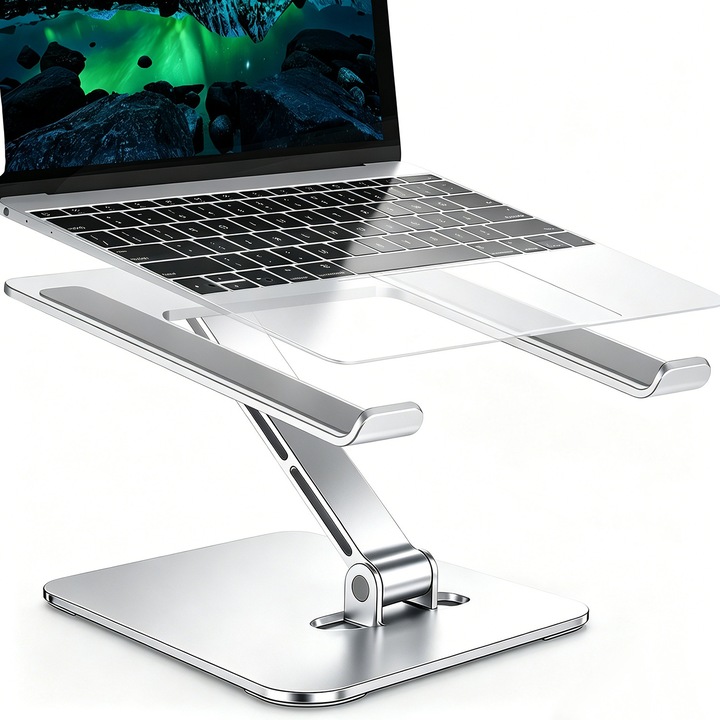 Suport Laptop, BYONDSELF®, Pliabil, Aluminiu, 10 - 16 inch, Sarcina Statica 8 kg, Reglabil pe Inaltime, Argintiu