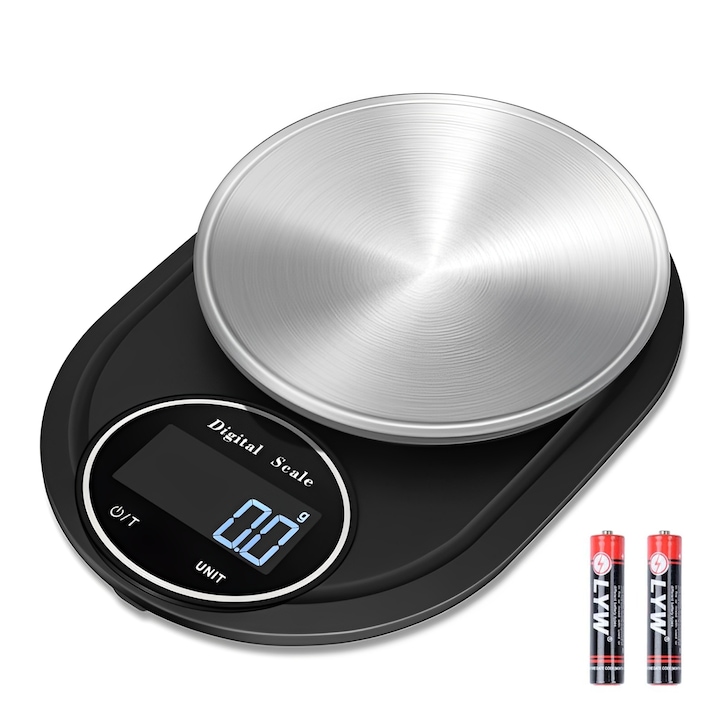 Кухненска везна, BYONDSELF®, капацитет 5 кг, точност на измерване 0,1 г, тара, функция за претегляне на течности, LCD дисплей, автоматично изключване, преобразуване на 7 единици, с батерия, неръждаема стомана