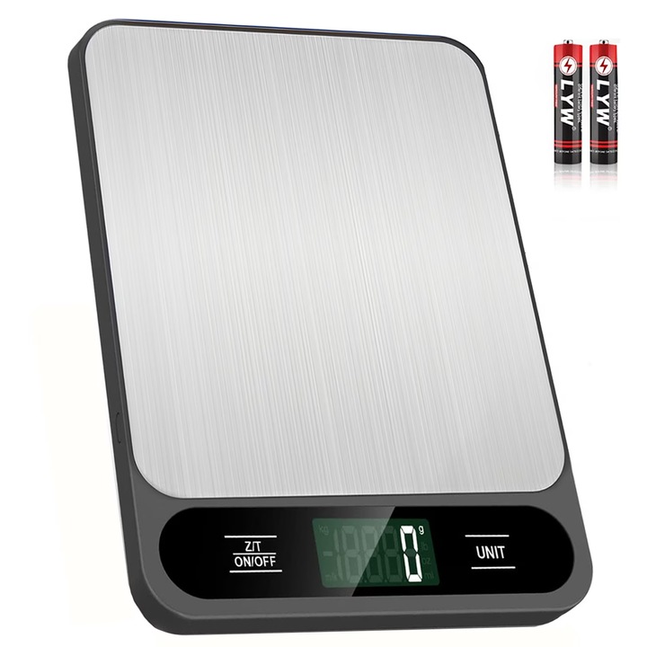 Cantar Electronic de Bucatarie, BYONDSELF®, Capacitate 15 Kg, 1 g, Tara, Functie Cantarire Lichide, Indica Suprasarcina si Baterie Scazuta, g/kg/lb/oz/ml, Impermeabil, Inox