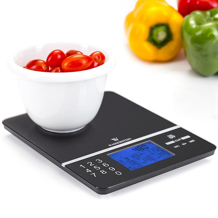 Умен кухненски кантар, BYONDSELF®, 999 хранителни индекса за храна, Калкулатор за калории, 1g, Тара, LCD дисплей, Автоматично изключване, 5 преобразувания на единици, с 2 батерии, Индикация за претоварване, Инокс