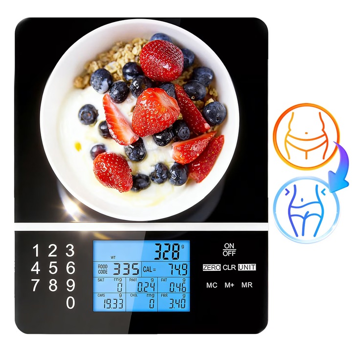 Cantar de Bucatarie Inteligent, BYONDSELF®, 999 Indici Nutritionali pentru Mancare, Calculator Calorii, 1g, Tara, Display LCD, Oprire Automata, 5 Onversia Unitatii, cu 2 Baterie, Indicatie de Suprasarcina