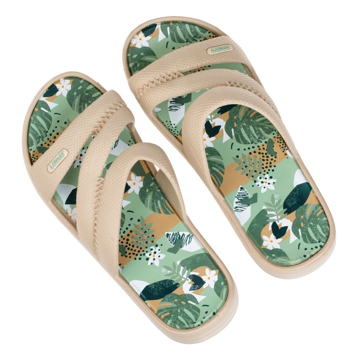 Papuci de plaja femei, curea tripla, talpa verde cu palmieri, multicolor, One Size INTL