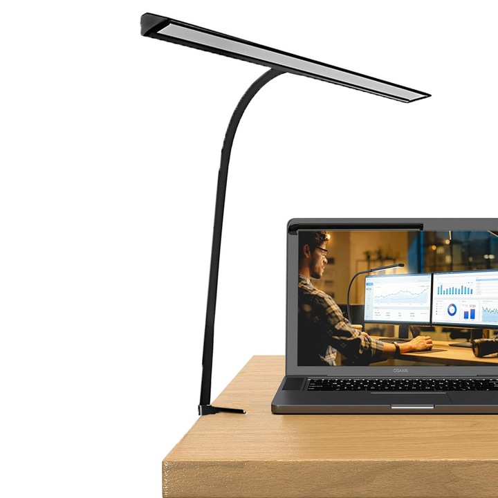 LED настолна лампа, ZGGZERG, 10 режима за регулиране на интензитета, Регулируема цветова температура 3000-6500K, 12W, Гъвкаво рамо, Метална скоба, Регулируема на 360°, Лесен монтаж на бюро, За офис, работа, четене, Черен
