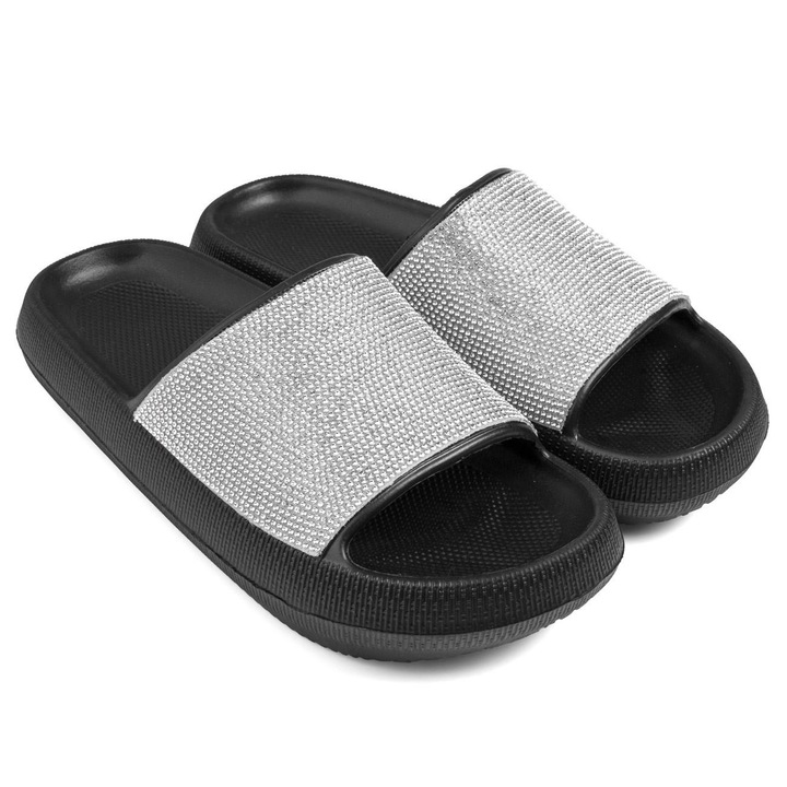 Papuci Femei Marime 37-38 Negri Slides Bareta Strassuri Argintii Incaltaminte Vara