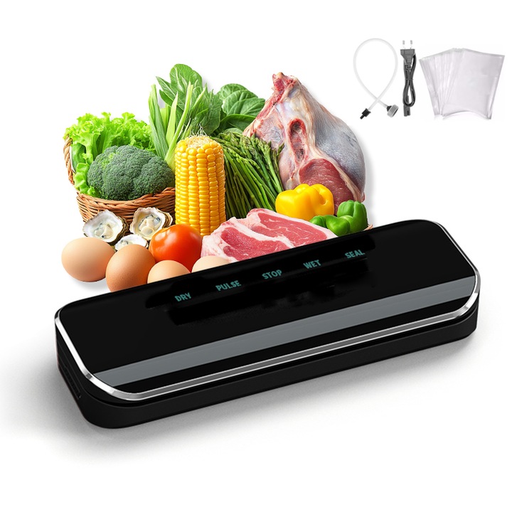 Вакуумна машина за запечатване и вакуумиране на храна, 120W, 60kpa, 6 функции за мокро/сухо/меко вакуумиране, сензорен контролен панел, лента 30 см, с 10 торбички 20x30 см, автоматично запечатване и функция за вакуумиране, черна