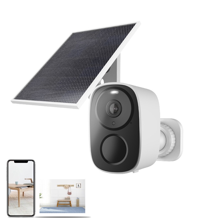 STARCAM® Външна камера за видеонаблюдение със соларен панел, 2K, HD, акумулаторна батерия, нощно виждане, цветно, двупосочна комуникация, мобилно приложение, сензор за движение/аларма, съхранение на карта/облак, водоустойчивост IP66, бял цвят