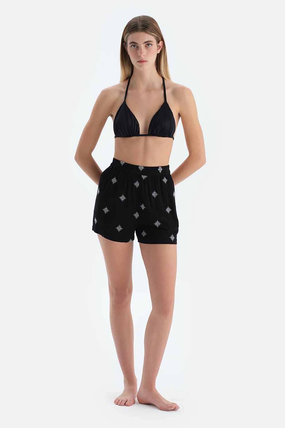 DAGI, Pantaloni scurti cu model si talie inalta, Alb, Negru, 38