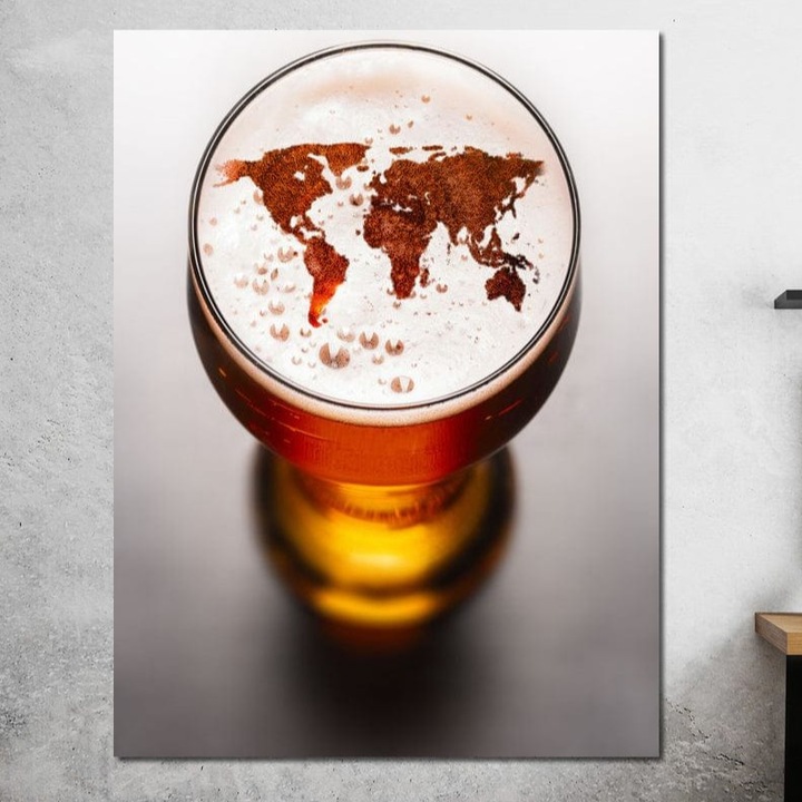 Tablou Canvas Premium, LuxCanva® L1010, Geografie in Pahar, 45 X 60 CM, Panza Bumbac 100% 400g/m2, Sasiu Lemn, Harta, Pahar, Vintage, Modern, Geografie, Global, Bucatarie, Birou, Living, Camera Copii