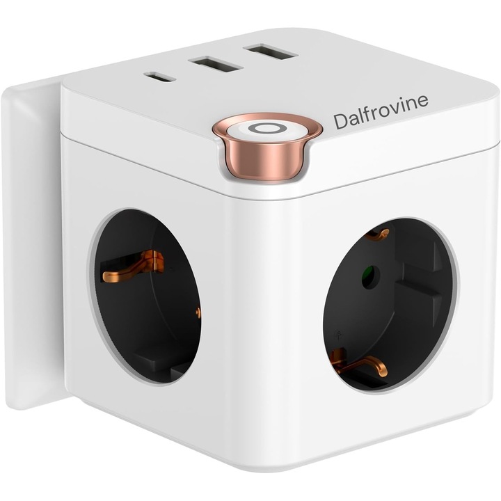 DalfrovineⓇ Безжичен разклонител тип „куб“, 3 гнезда + 2 USB + 1 USB-C, 3680 W, Многофункционален адаптер, 6 в 1, Удължител с бутон ВКЛ./ИЗКЛ., за офис, дом, пътуване, бял