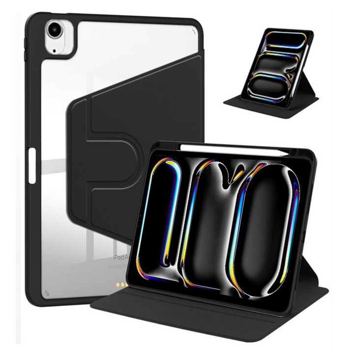 Husa tableta, pentru iPad Air 13 inch (24/25)/iPad Pro 12.9 inch (22/21/20/18), Casa de protectie pentru tablete cu slot pentru stilou, acrilic 360 ° design rotativ, trezire automata / somn, Negru transparent