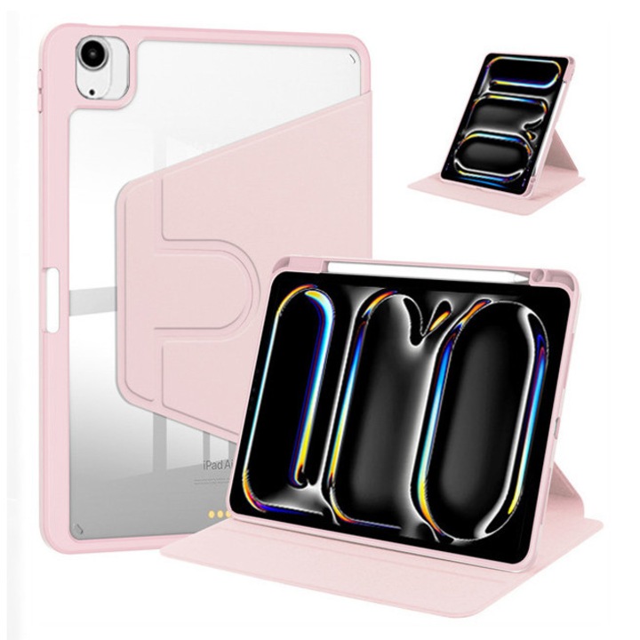 Tabletoktok, iPad Air 13 hüvelykes (24/25)/iPad Pro 12.9 hüvelykes (22/21/20/18)/, Védőtok tolltartóval, akril 360°-os forgatható kialakítás, automatikus ébresztés/alvás funkció, átlátszó rózsaszín