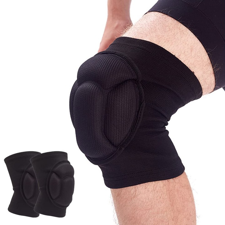 Set 2 genunchiere cu burete de protectie, SINBINTA, Genunchiera elastica pentru sportivii amatori si profesionisti, Protectie anti-cadere si compresiva pentru genunchi, Pentru volei, role, dans si yoga, Textile, S, Negru