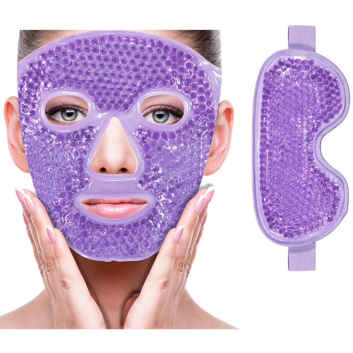 Masca de fata si ochi cu gel, SINBINTA, Masca faciala reutilizabila, Aplicare rece/cald, Ajustabila, Pentru reducerea umflaturilor si cearcanelor, Ideal pentru relaxare, alinarea durerilor de cap si ingrijirea pielii, spa facial, 30 x 20cm, Violet