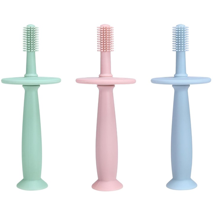 Комплект 3 четки за зъби за бебета и деца, SINBINTA, Силиконова четка за зъби за бебета, С вендуза, 360 градуса, Бариера против поглъщане, Защита против задавяне, Ергономична дръжка, Без BPA, Силикон, 12.5 x 15 см, Многоцветен