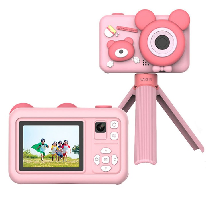Детски цифров фотоапарат NAXSIR, 9600MP, 2" IPS екран, двойна камера, HD запис + статив и калъф, розов