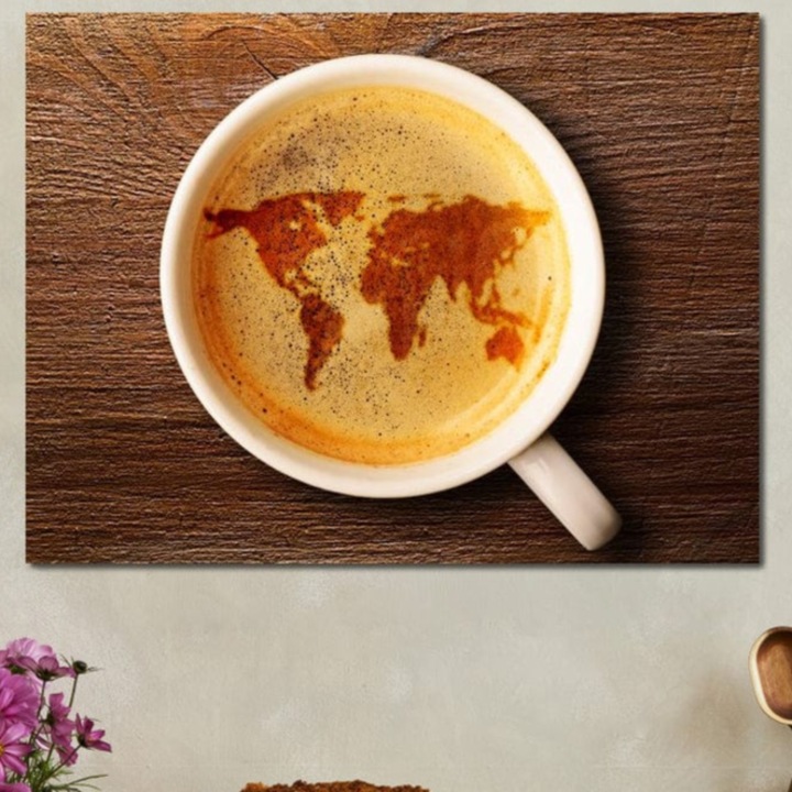 Tablou Canvas Premium, LuxCanva® L1011, Continente in Ceasca, 40 X 60 CM, Panza Bumbac 100% 400g/m2, Sasiu Lemn, Harta, Cafea, Ceasca, Modern, Artistic, Design, Cafenea, Birou, Living, Camera Copii