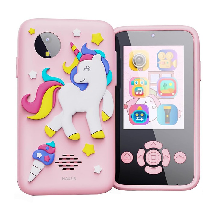 Детски телефон с камера NAXSIR, 2.4" IPS, 32GB SD карта, двойна камера 48MP, 4x увеличение, LED светкавица, игри, музика, силиконов калъф, устойчив на падане, розов